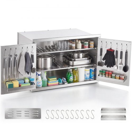 VEVOR Einbauschrank Outdoor-Küche 76x52x52 cm Küchenschrank Edelstahl für Tägliches Grillen und die Aufbewahrung von Kochgeschirr, mit Magnetverschlüssen, Haken und 2 Integrierten Türablagefächer