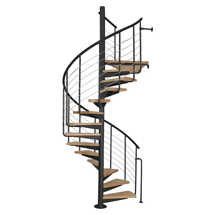 Atrium Spindeltreppe System (Farbton Metall: RAL 9005, Durchmesser: 150 cm, Buche, Geschosshöhe: 280 cm - 300 cm)