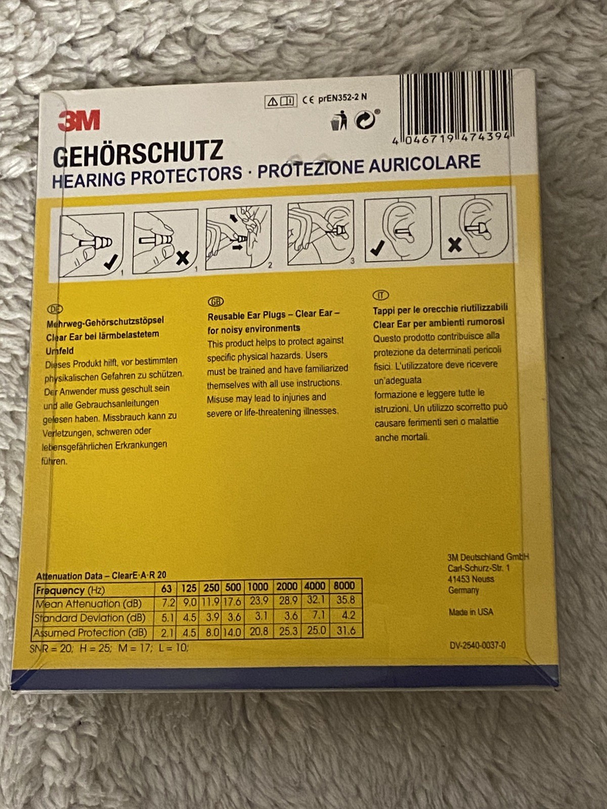 Ohrstöpsel Clear EAR Mehrweg Gehörschutzstöpsel Gehörschutz 3M #15