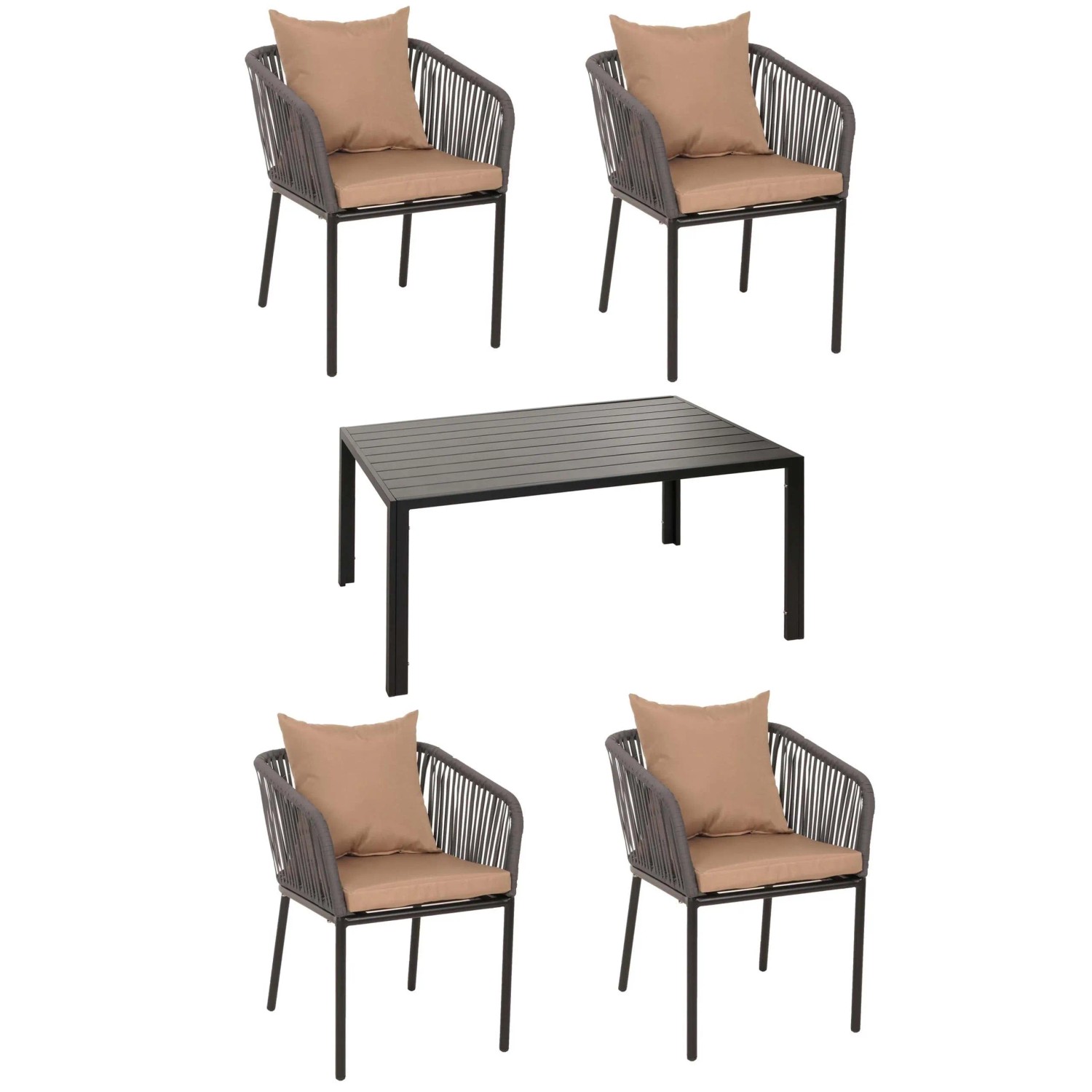 PROREGAL Gartengarnitur Tisch+4xStuhl Wetterfest Alu 140x80cm Seilgeflecht Rope Anthrazit Kissen Taupe