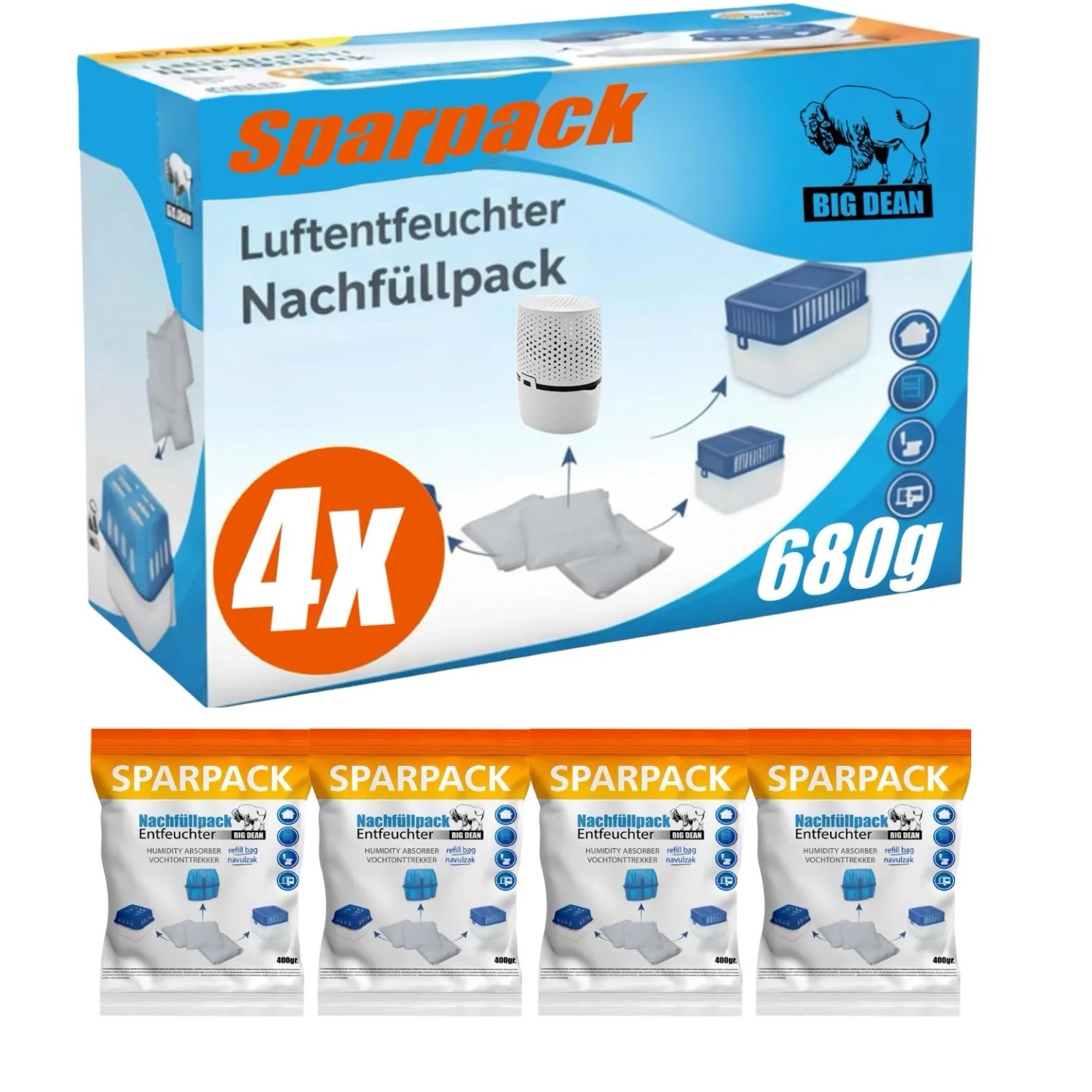 BigDean Luftentfeuchter Nachfüllpack 4 x 680 Gramm Premium Granulat