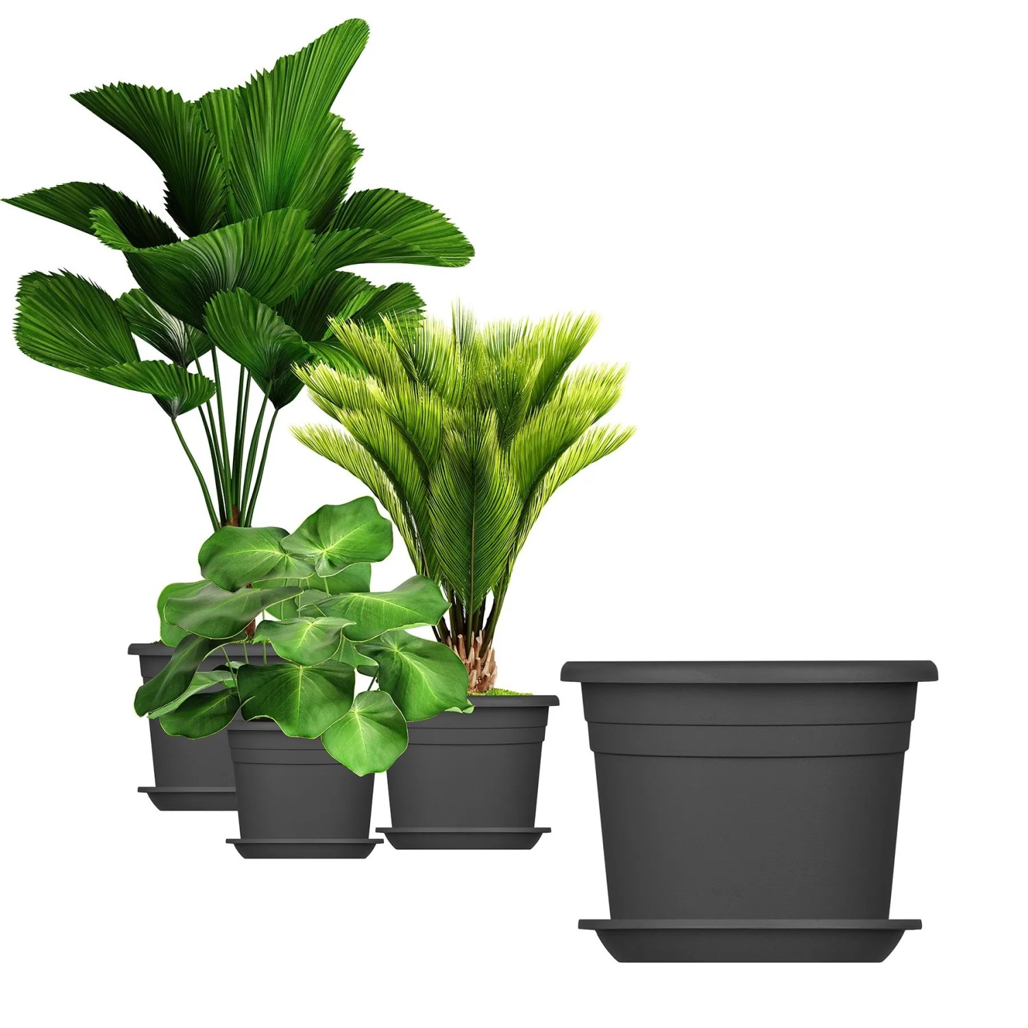 BigDean 3X Blumentopf Ø 40 cm Farbe Anthrazit & Untersetzer Kunststoff Pflanztopf Containertopf Übertopf Pflanzkübel Rund 40 x 28 cm Blumentöpfe