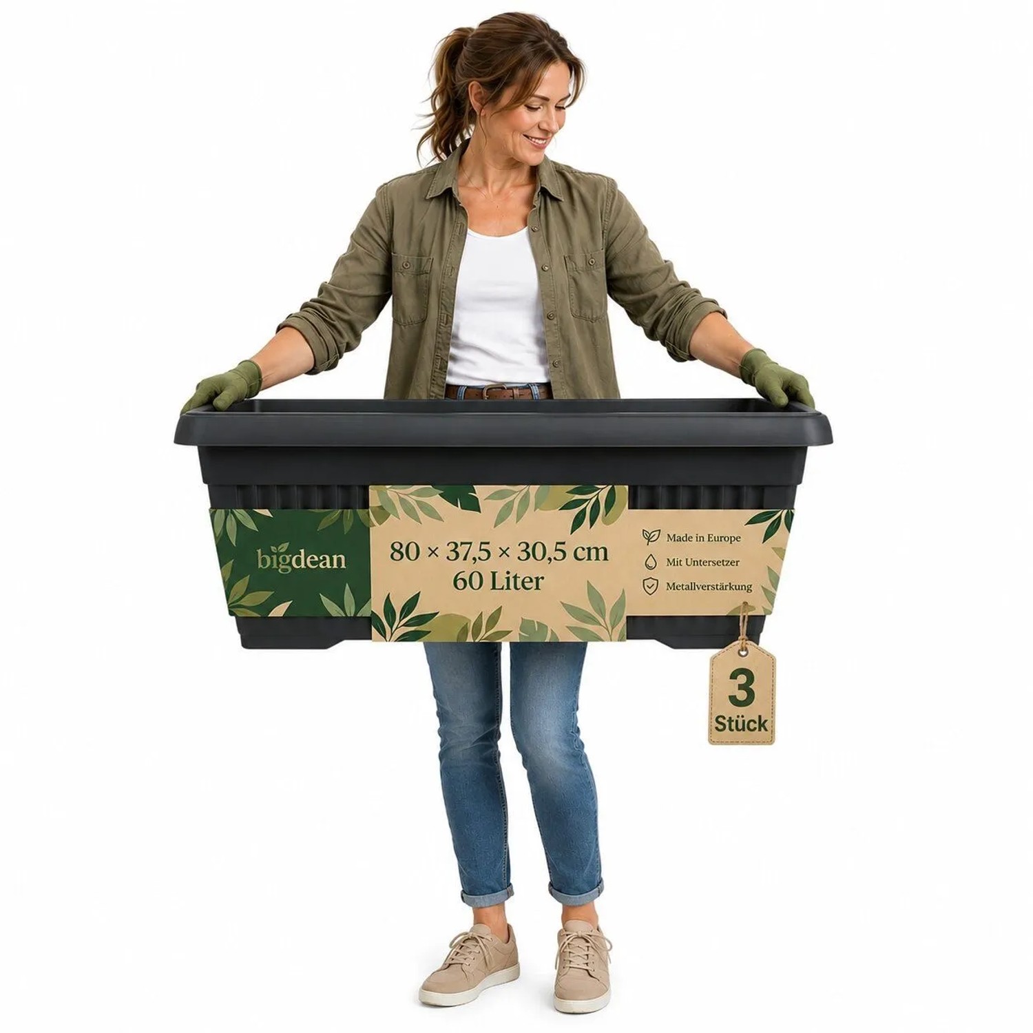 BigDean 3er Pack Blumenkübel Jumbo 80x37,5x30,5cm 60 Liter Mediterranes Design Inkl. Untersetzer Anthrazit