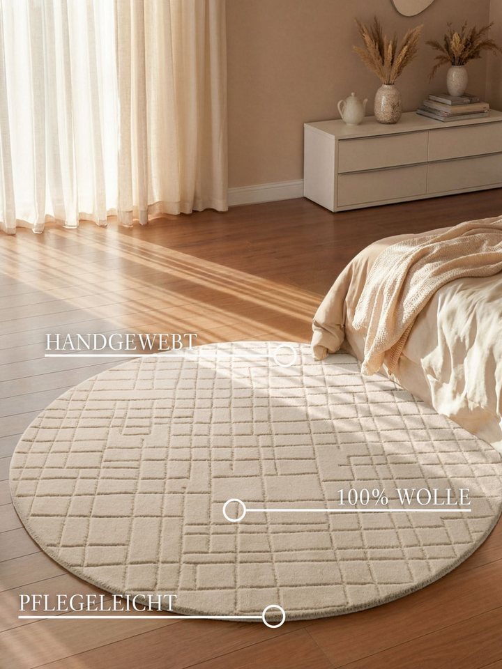 Villeroy & Boch Wollteppich Kenso, rund, Höhe: 15 mm, Wolle, Kariert, Natur, Handgemacht, Wohnzimmer, Schlafzimmer, Hygge