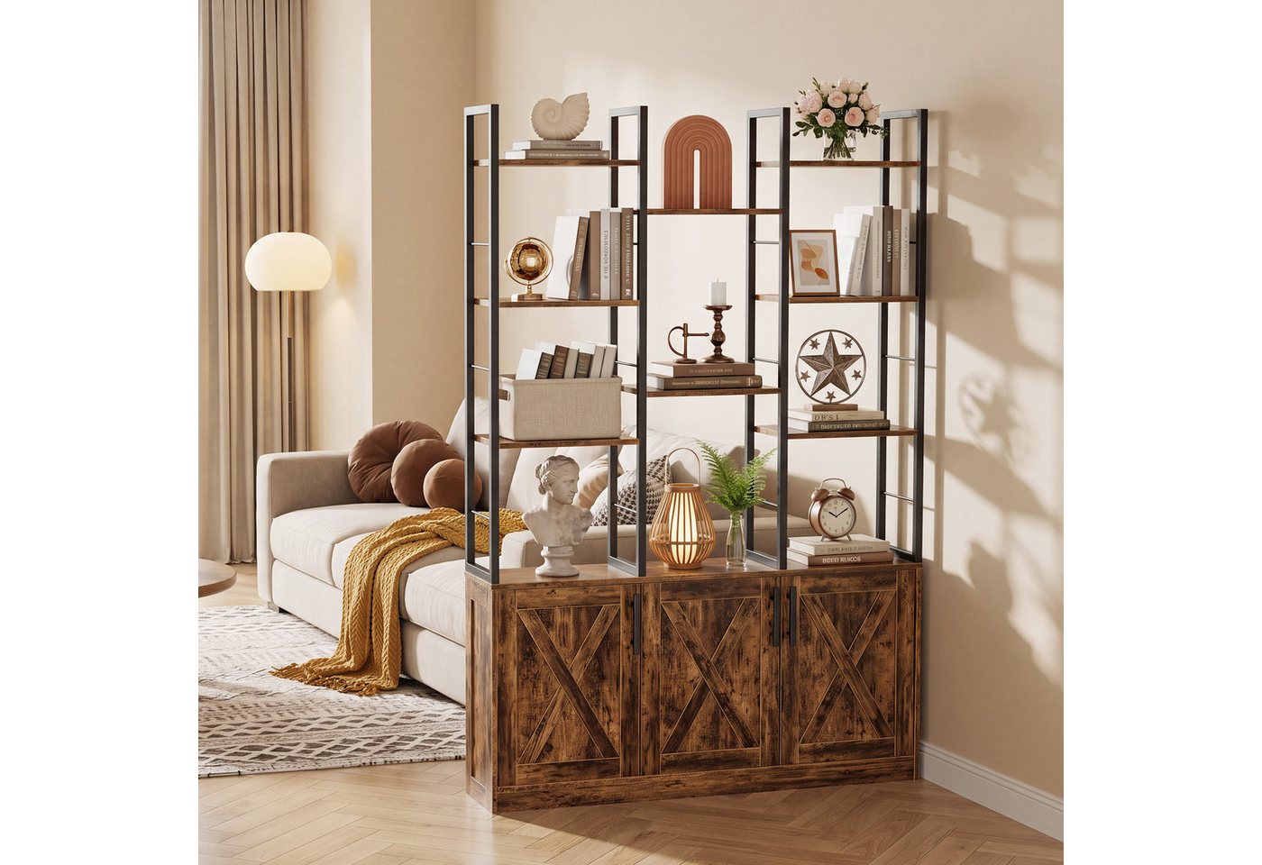 OYRREU Bücherregal 3-türiges Bücherschrank mit LED, offene Fächer, OTTO'S CHOICE, Ablageregal 1-St. 100x22x160 cm, viel Staumraum, mit Kippschutz, Holzmaserung, Raumteiler, Gestell aus Edelstahl