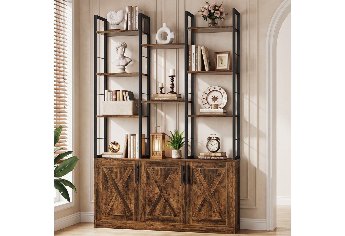 OYRREU Bücherregal 3-türiges Bücherschrank mit LED, offene Fächer, OTTO'S CHOICE, Ablageregal 1-St. 100x22x160 cm, viel Staumraum, mit Kippschutz, Holzmaserung, Raumteiler, Gestell aus Edelstahl Bild 2