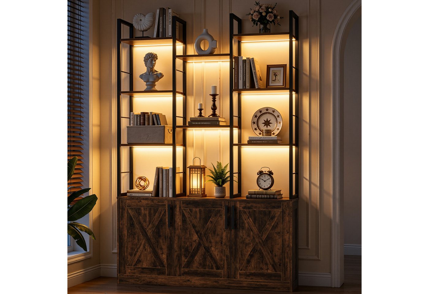 OYRREU Bücherregal 3-türiges Bücherschrank mit LED, offene Fächer, OTTO'S CHOICE, Ablageregal 1-St. 100x22x160 cm, viel Staumraum, mit Kippschutz, Holzmaserung, Raumteiler, Gestell aus Edelstahl Bild 3