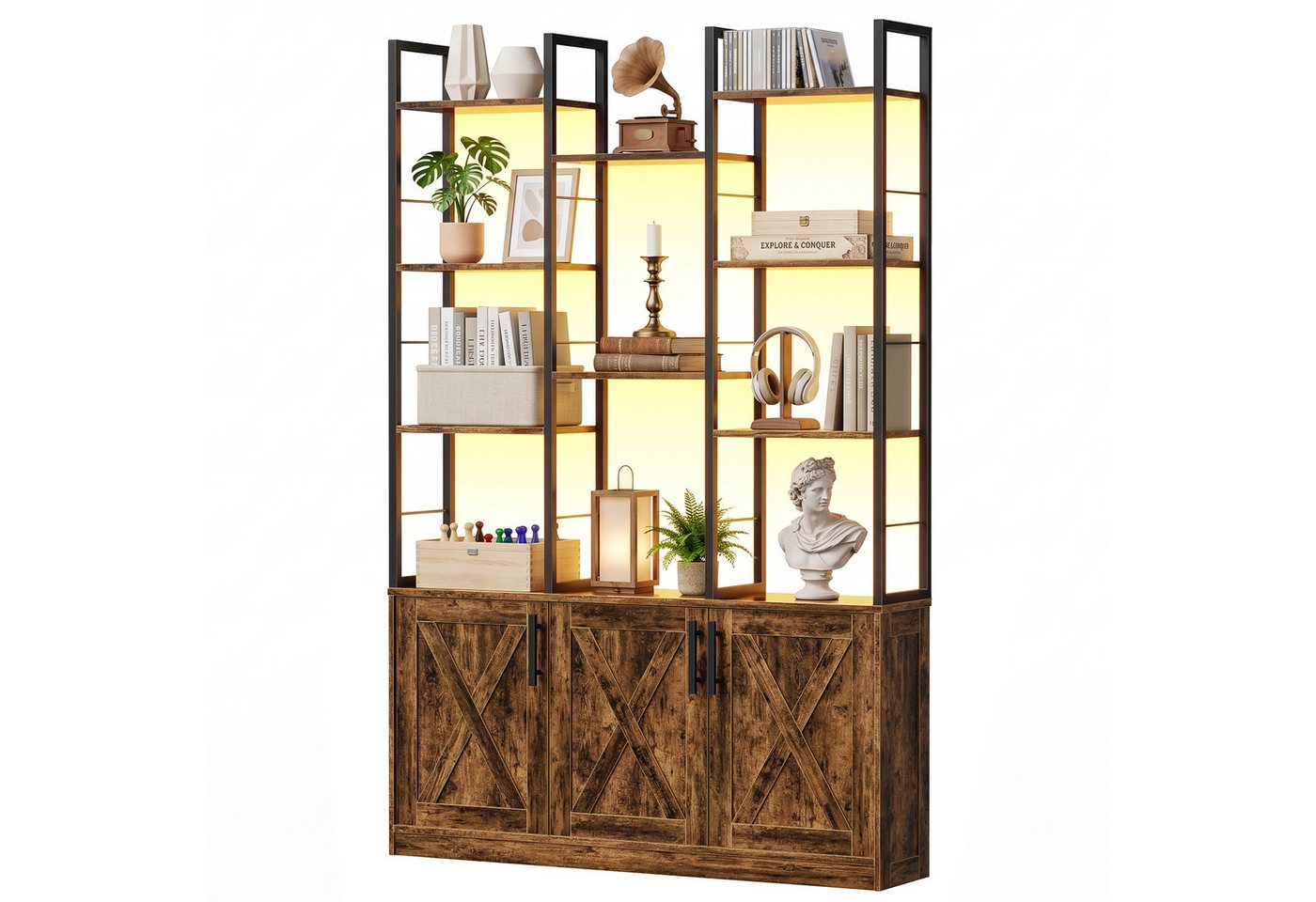 OYRREU Bücherregal 3-türiges Bücherschrank mit LED, offene Fächer, OTTO'S CHOICE, Ablageregal 1-St. 100x22x160 cm, viel Staumraum, mit Kippschutz, Holzmaserung, Raumteiler, Gestell aus Edelstahl Bild 4
