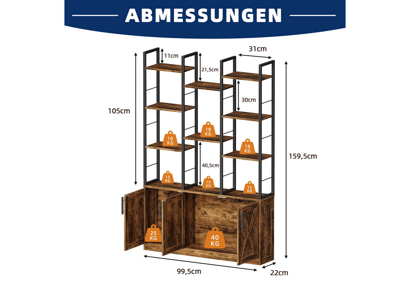 OYRREU Bücherregal 3-türiges Bücherschrank mit LED, offene Fächer, OTTO'S CHOICE, Ablageregal 1-St. 100x22x160 cm, viel Staumraum, mit Kippschutz, Holzmaserung, Raumteiler, Gestell aus Edelstahl Bild 5