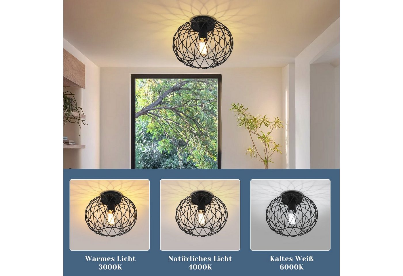 Nettlife Deckenleuchte 1 Flammig Deckenlampe Vintage E27 Schwarz Metall Lampenschirm, ohne Leuchtmittel, für Flur, Korridor, Küche, Wohnzimmer, Esszimmer, Schlafzimmer Bild 2