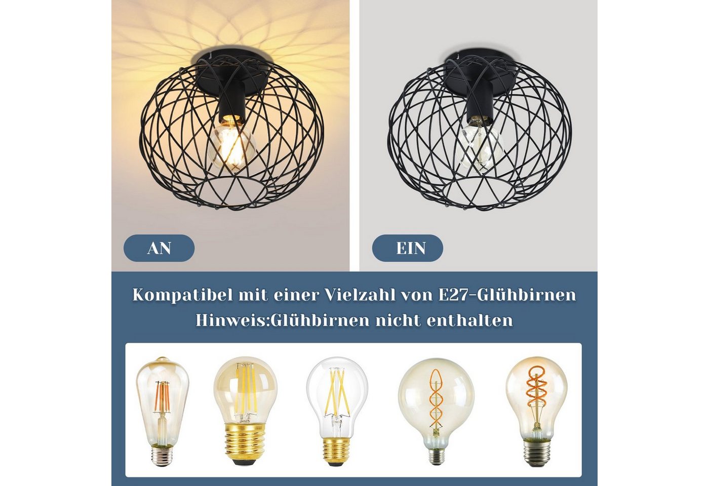 Nettlife Deckenleuchte 1 Flammig Deckenlampe Vintage E27 Schwarz Metall Lampenschirm, ohne Leuchtmittel, für Flur, Korridor, Küche, Wohnzimmer, Esszimmer, Schlafzimmer Bild 4