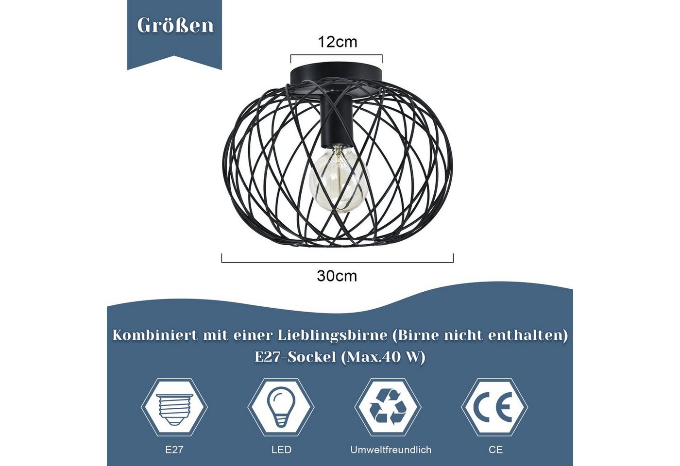 Nettlife Deckenleuchte 1 Flammig Deckenlampe Vintage E27 Schwarz Metall Lampenschirm, ohne Leuchtmittel, für Flur, Korridor, Küche, Wohnzimmer, Esszimmer, Schlafzimmer Bild 5