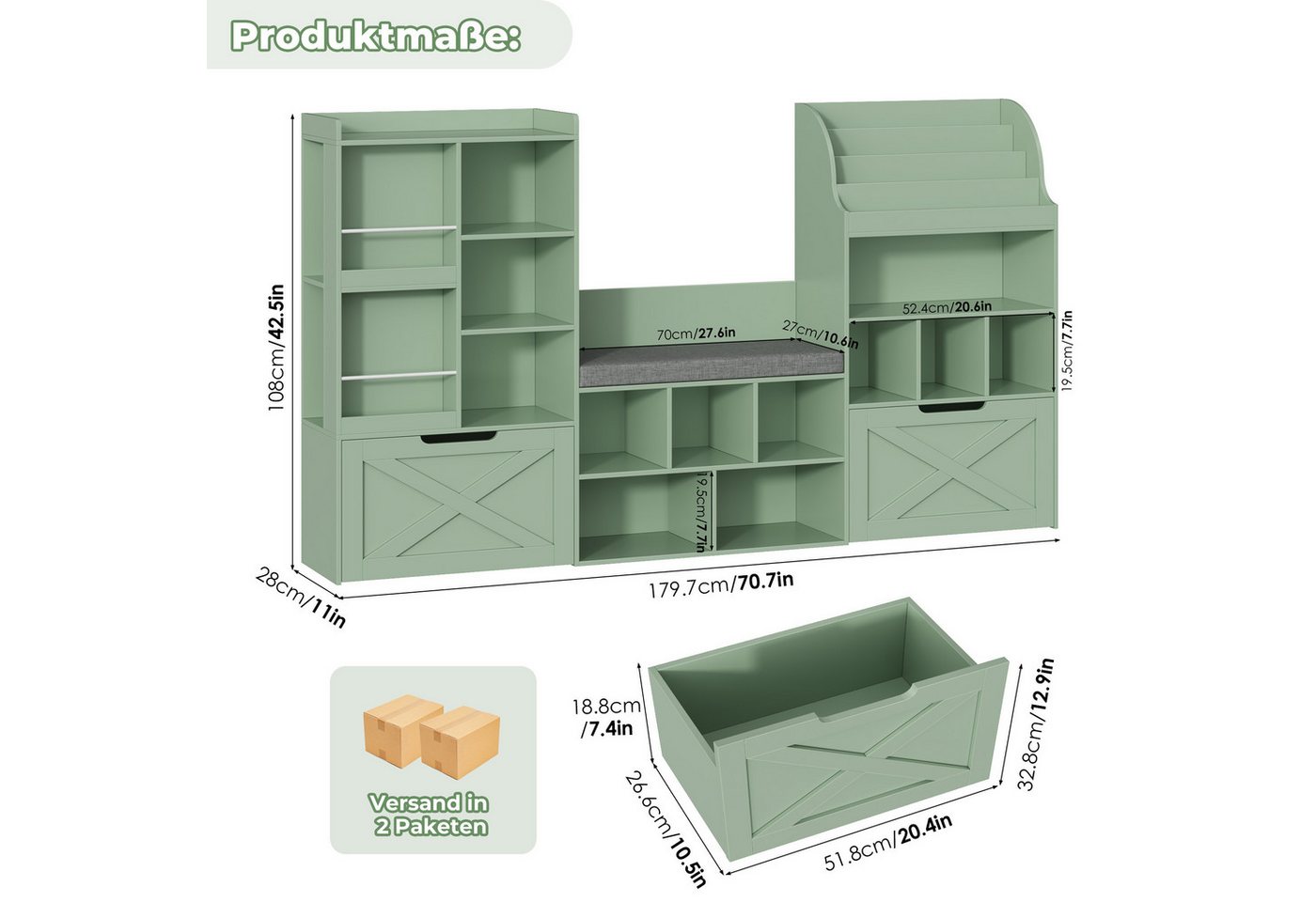 Homfa Kinderregal 179cm Sitzbank für Kinder mit 2 Schubladen auf Räder & Bücherregal, Spielzeugregal mit 17 offenen Fächern,Spielzeugtruhe 179,7x108x28cm