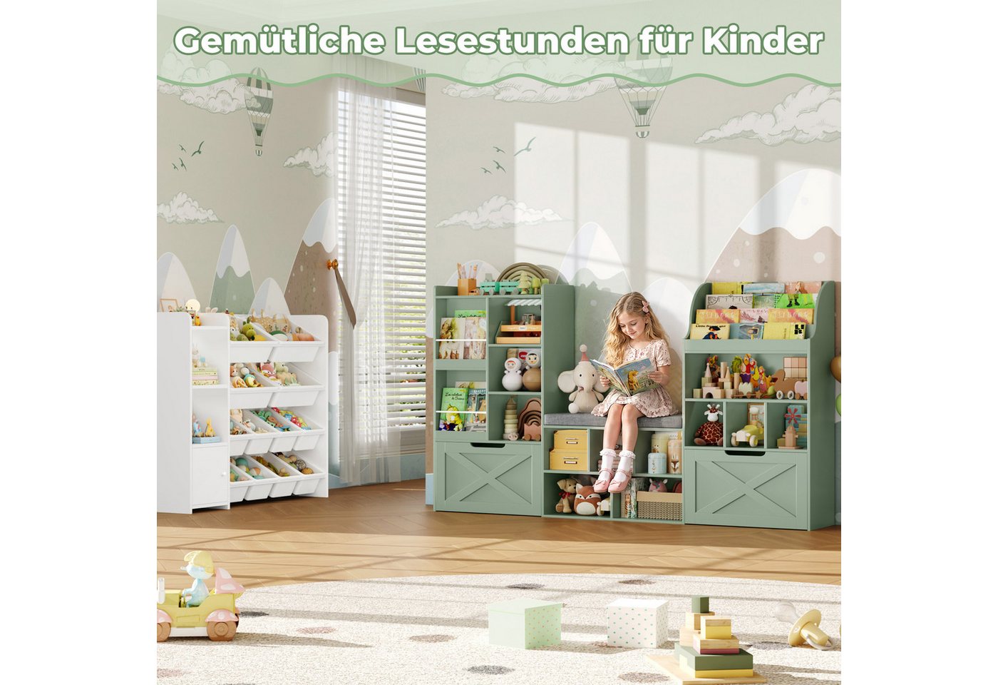Homfa Kinderregal 179cm Sitzbank für Kinder mit 2 Schubladen auf Räder & Bücherregal, Spielzeugregal mit 17 offenen Fächern,Spielzeugtruhe 179,7x108x28cm Bild 2