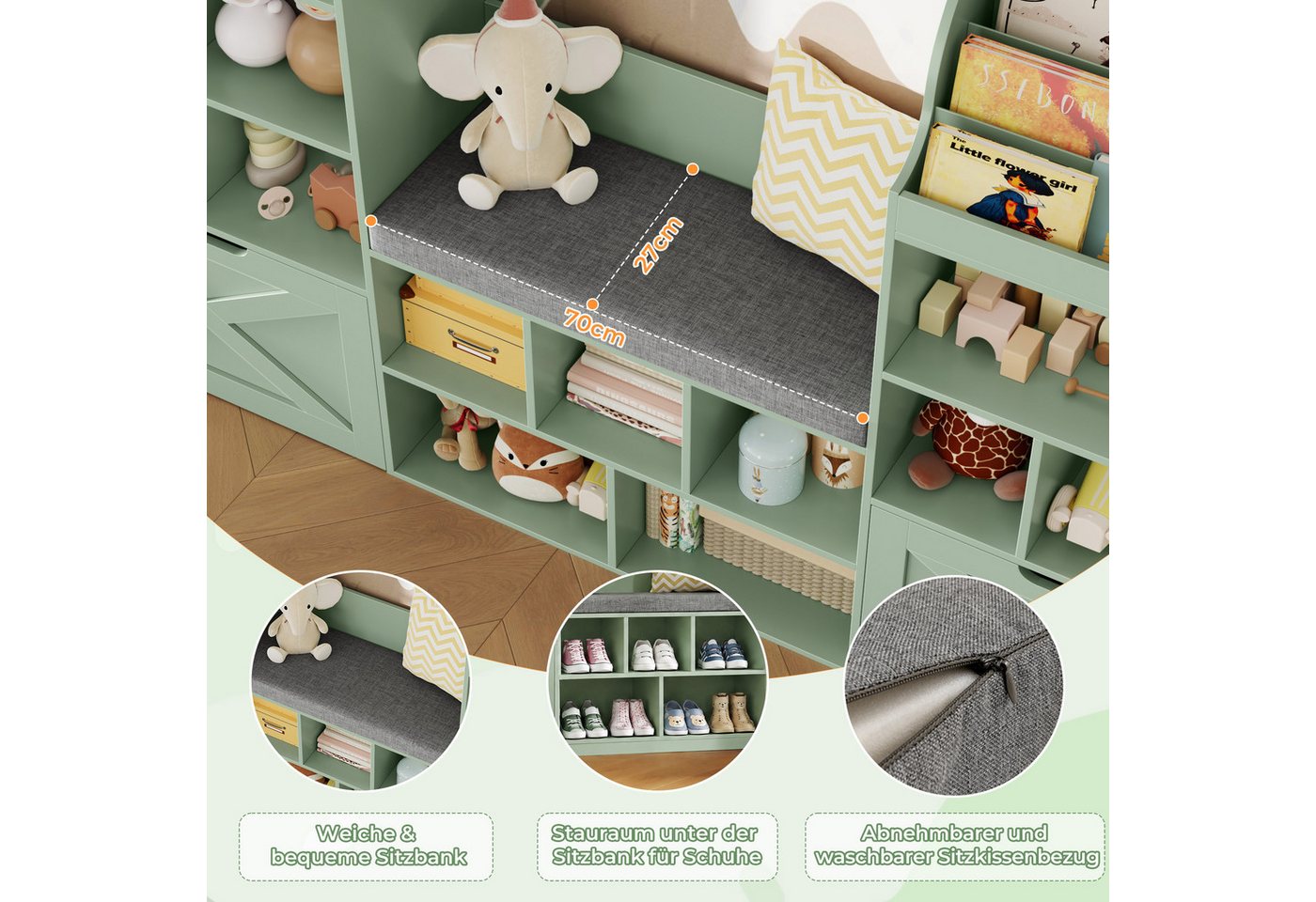 Homfa Kinderregal 179cm Sitzbank für Kinder mit 2 Schubladen auf Räder & Bücherregal, Spielzeugregal mit 17 offenen Fächern,Spielzeugtruhe 179,7x108x28cm Bild 3