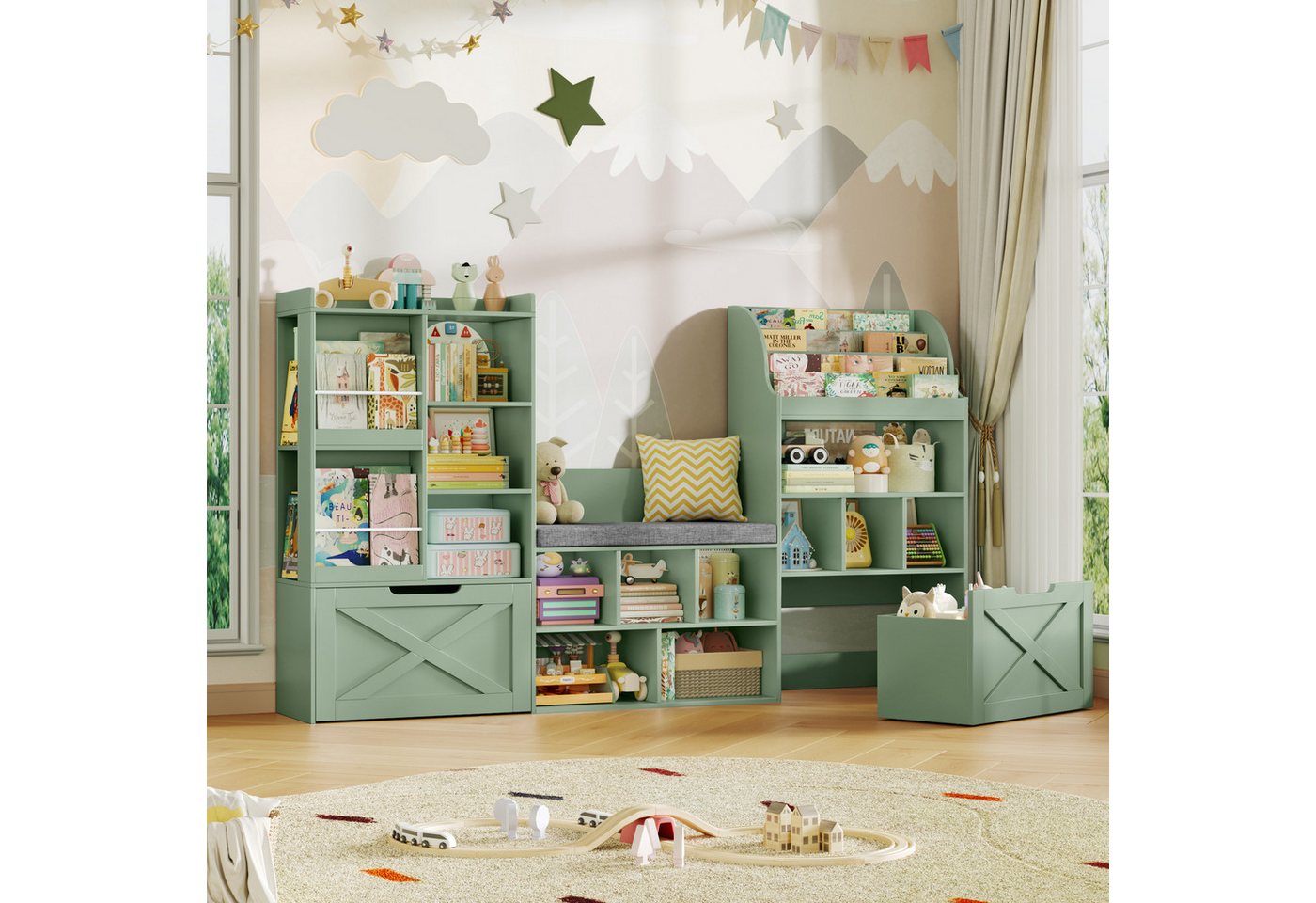 Homfa Kinderregal 179cm Sitzbank für Kinder mit 2 Schubladen auf Räder & Bücherregal, Spielzeugregal mit 17 offenen Fächern,Spielzeugtruhe 179,7x108x28cm Bild 4