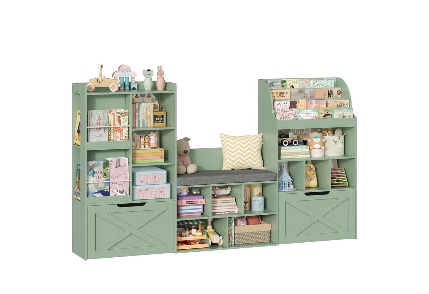 Homfa Kinderregal 179cm Sitzbank für Kinder mit 2 Schubladen auf Räder & Bücherregal, Spielzeugregal mit 17 offenen Fächern,Spielzeugtruhe 179,7x108x28cm Bild 5