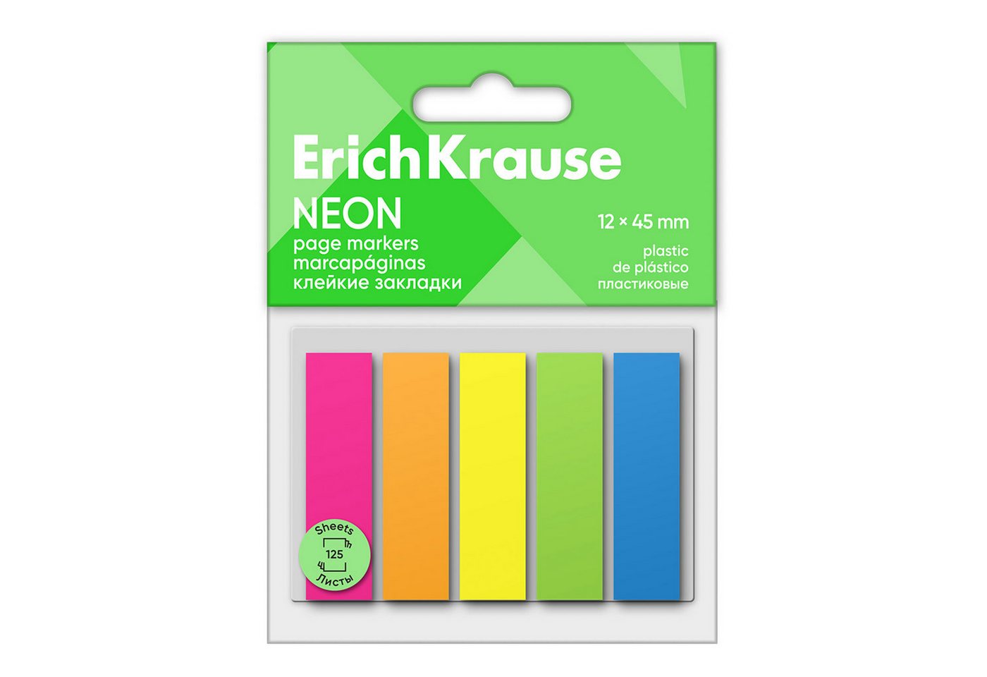 Erich Krause Haftnotizblock, Seitenmarker 12mm Neon Plastik 125 Blatt sortiert