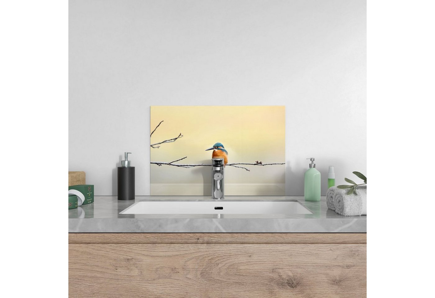 DEQORI Küchenrückwand 'Königsfischer auf Zweig', Glas Spritzschutz Badrückwand Herdblende Bild 4
