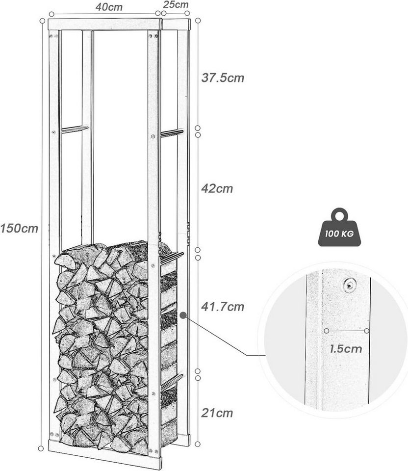 EUGAD Kaminholzregal, BxTxH:40x25x150 cm, (1-St), Innen Außen aus Metall für Kaminholz