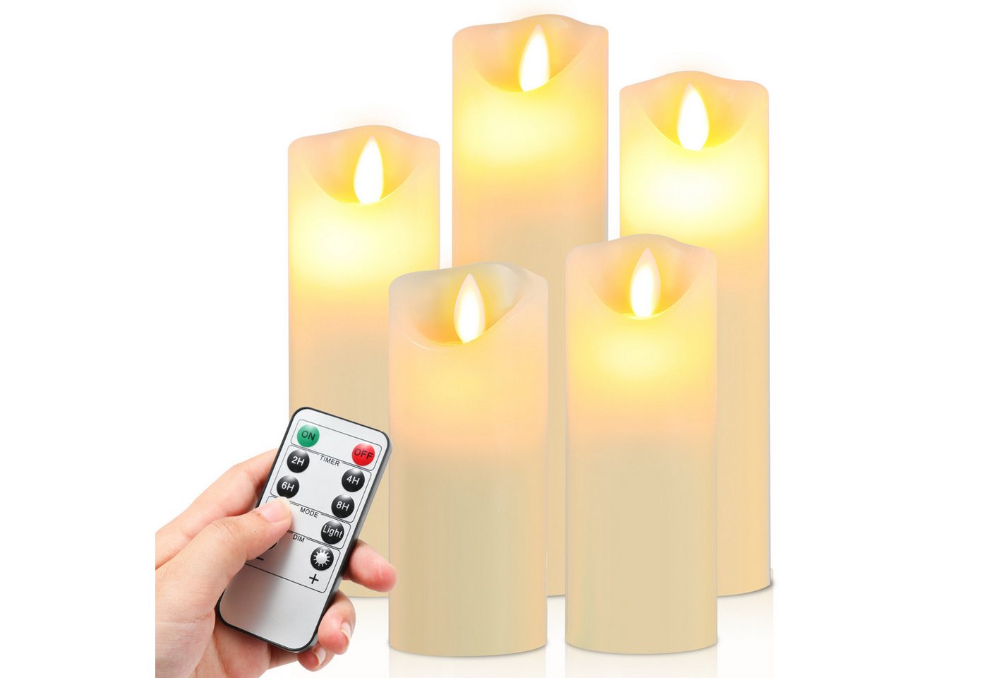 Clanmacy LED-Kerze 5er Set LED Kerzen aus Echtwachs, dimmbar mit Fernbedienung & Timer, LED fest integriert, Warmweiß, Φ 5,3cm x H. 13 / 14 / 16 / 18 / 20 cm Bild 2