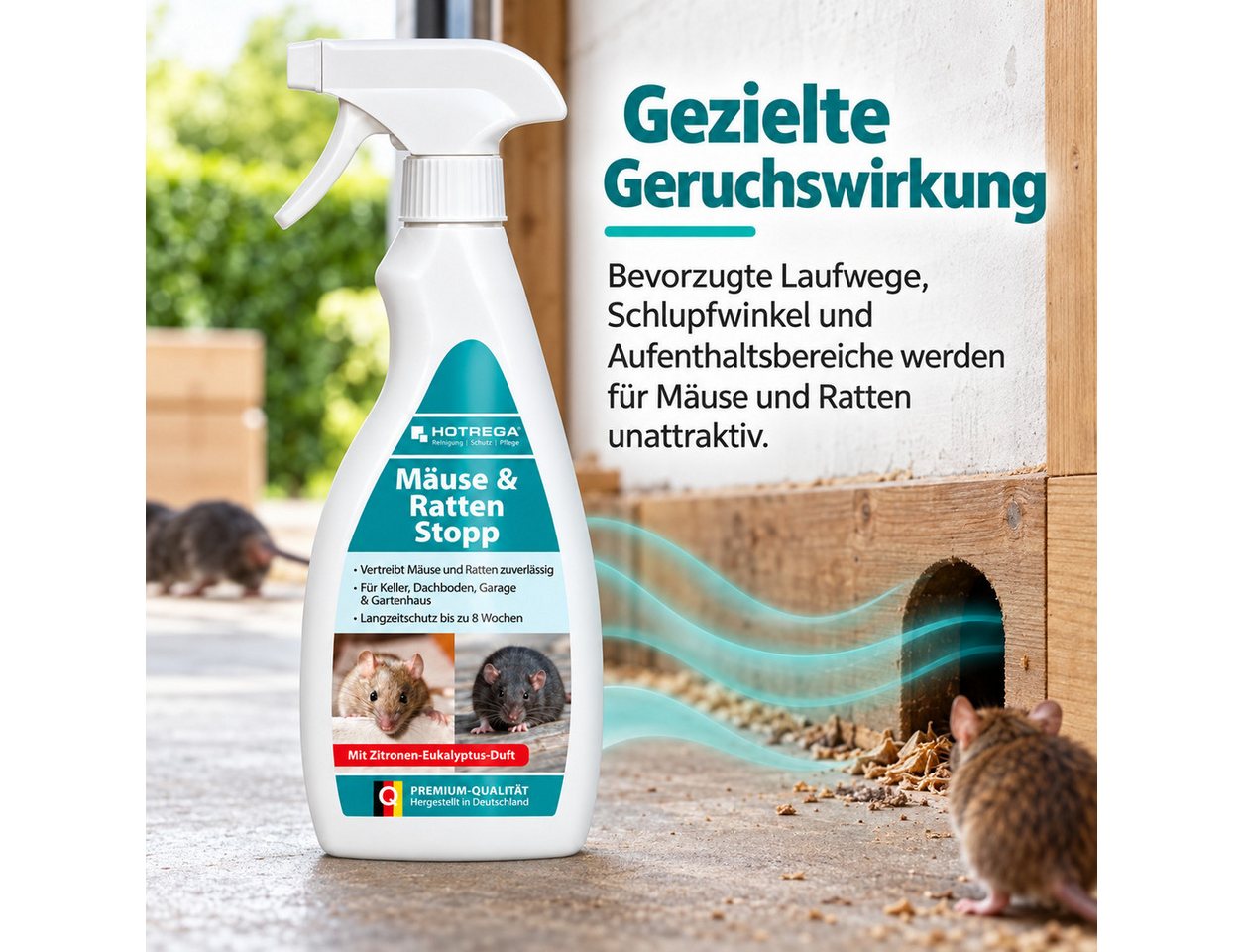 HOTREGA® Tierabwehrspray Mäuse & Ratten Stopp 500 ml bis zu 8 Wochen Schutz, 0,5 l, Zitronen-Eukalyptus-Duft, Geraniol-Repellent für Keller, Dachboden, Garage & Gartenhaus