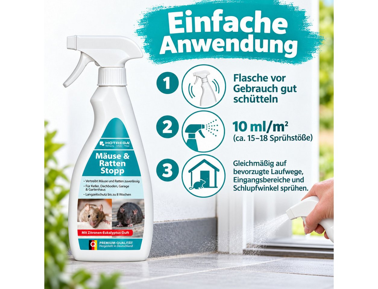 HOTREGA® Tierabwehrspray Mäuse & Ratten Stopp 500 ml bis zu 8 Wochen Schutz, 0,5 l, Zitronen-Eukalyptus-Duft, Geraniol-Repellent für Keller, Dachboden, Garage & Gartenhaus Bild 2