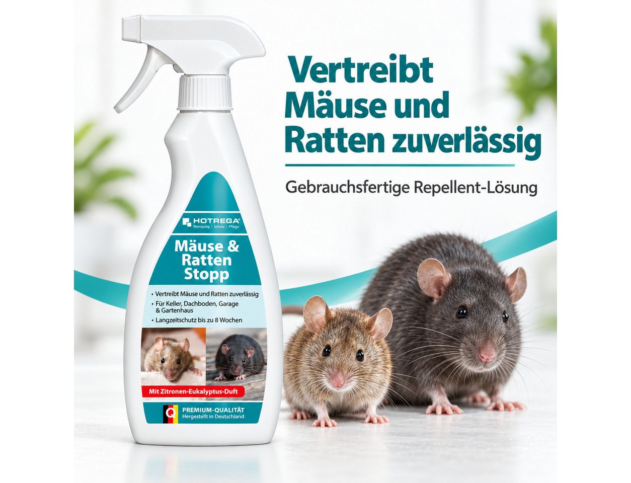 HOTREGA® Tierabwehrspray Mäuse & Ratten Stopp 500 ml bis zu 8 Wochen Schutz, 0,5 l, Zitronen-Eukalyptus-Duft, Geraniol-Repellent für Keller, Dachboden, Garage & Gartenhaus Bild 3