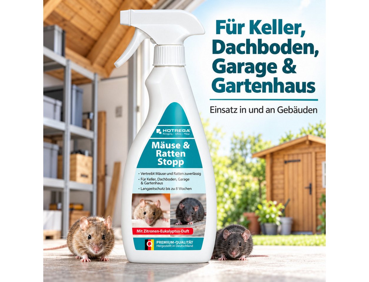 HOTREGA® Tierabwehrspray Mäuse & Ratten Stopp 500 ml bis zu 8 Wochen Schutz, 0,5 l, Zitronen-Eukalyptus-Duft, Geraniol-Repellent für Keller, Dachboden, Garage & Gartenhaus Bild 4