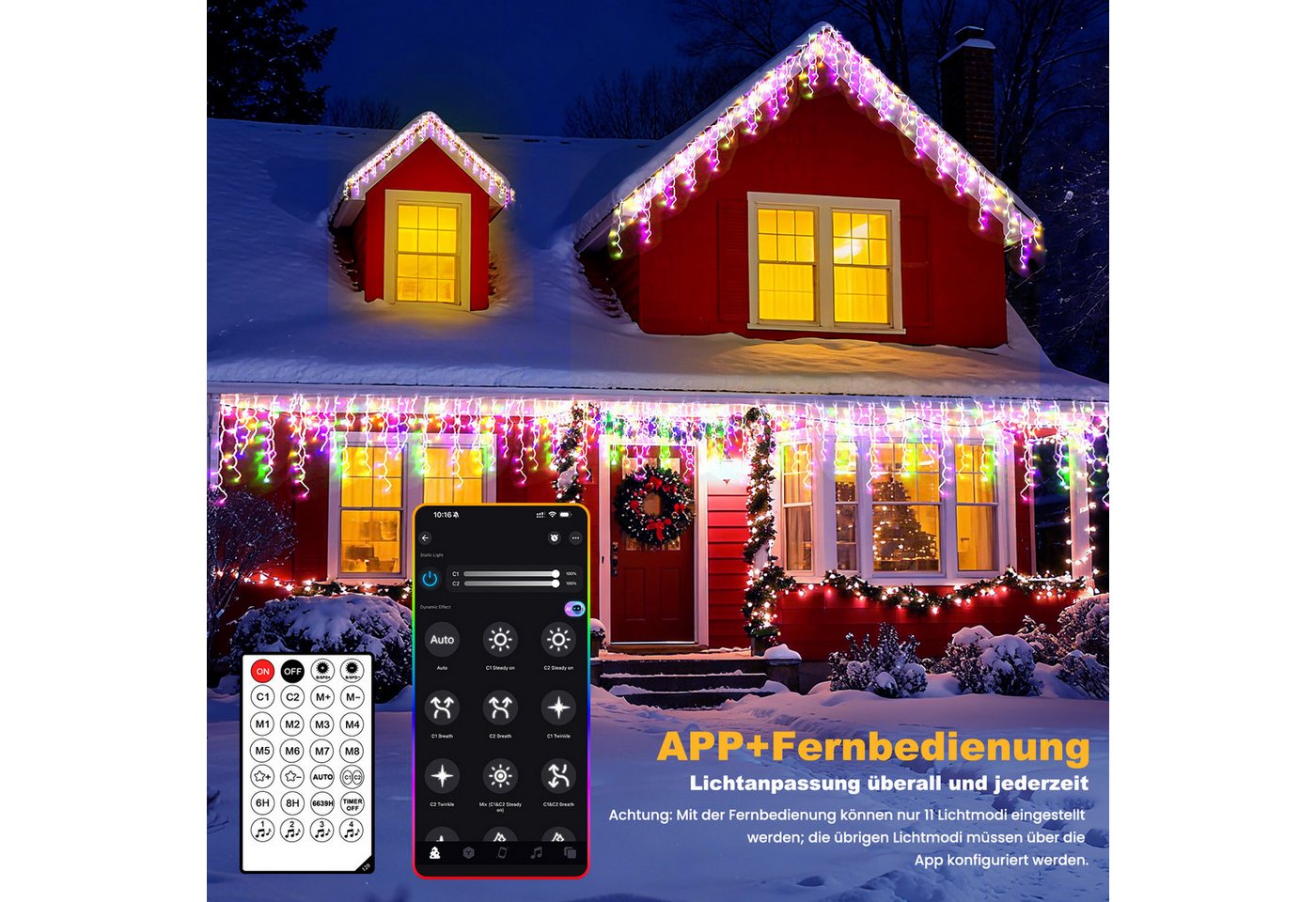 Circlio LED-Lichterkette 5-45m LED Eiszapfen Lichterkette Außen, Warmweiß & Bunt, App-Steuerung, Musikmodus, IP65, Weihnachtsbeleuchtung für Dachrinne, Balkon & Garten Bild 2