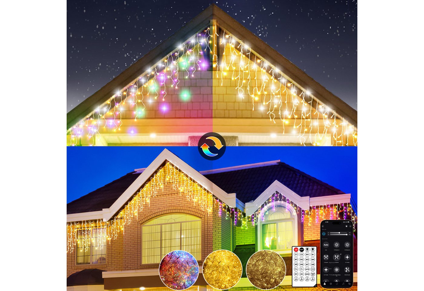 Circlio LED-Lichterkette 5-45m LED Eiszapfen Lichterkette Außen, Warmweiß & Bunt, App-Steuerung, Musikmodus, IP65, Weihnachtsbeleuchtung für Dachrinne, Balkon & Garten Bild 5