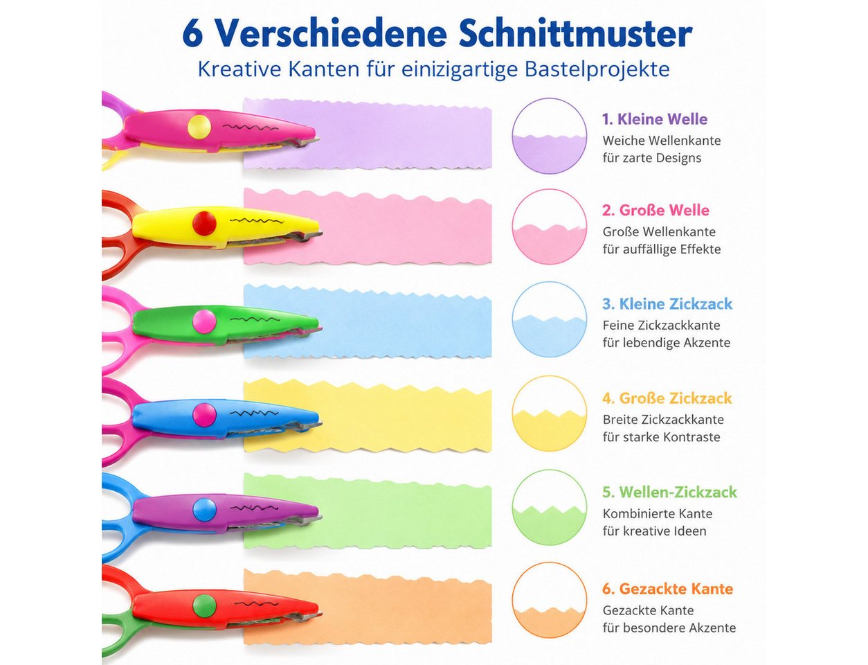 XEOOCE Bastelscheren Bastelscheren Set, 6-teilig, Kinder Scheren, Bunt, Basteln, (Set, kleines, großes Zackenmuster, große Wellen, kleine Wellen), 4 Schneidmuster, abgerundete Klingen, leichtes AVS-Material