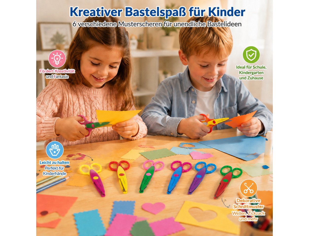 XEOOCE Bastelscheren Bastelscheren Set, 6-teilig, Kinder Scheren, Bunt, Basteln, (Set, kleines, großes Zackenmuster, große Wellen, kleine Wellen), 4 Schneidmuster, abgerundete Klingen, leichtes AVS-Material Bild 3