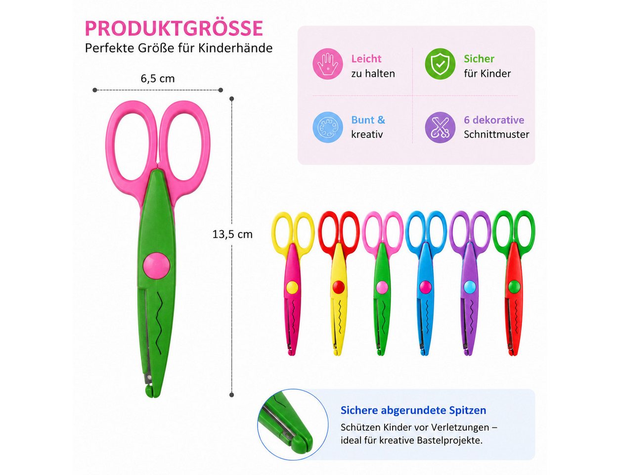 XEOOCE Bastelscheren Bastelscheren Set, 6-teilig, Kinder Scheren, Bunt, Basteln, (Set, kleines, großes Zackenmuster, große Wellen, kleine Wellen), 4 Schneidmuster, abgerundete Klingen, leichtes AVS-Material Bild 5