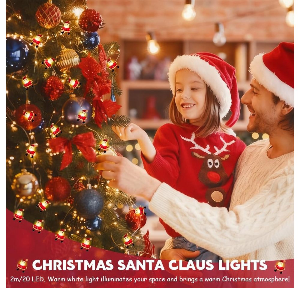 Stelby LED-Lichterkette Weihnachtsmann Lichterkette 2m mit 20 Warmweiß LEDs, Fensterbeleuchtung, Batteriebetrieben, Weihnachtsdeko