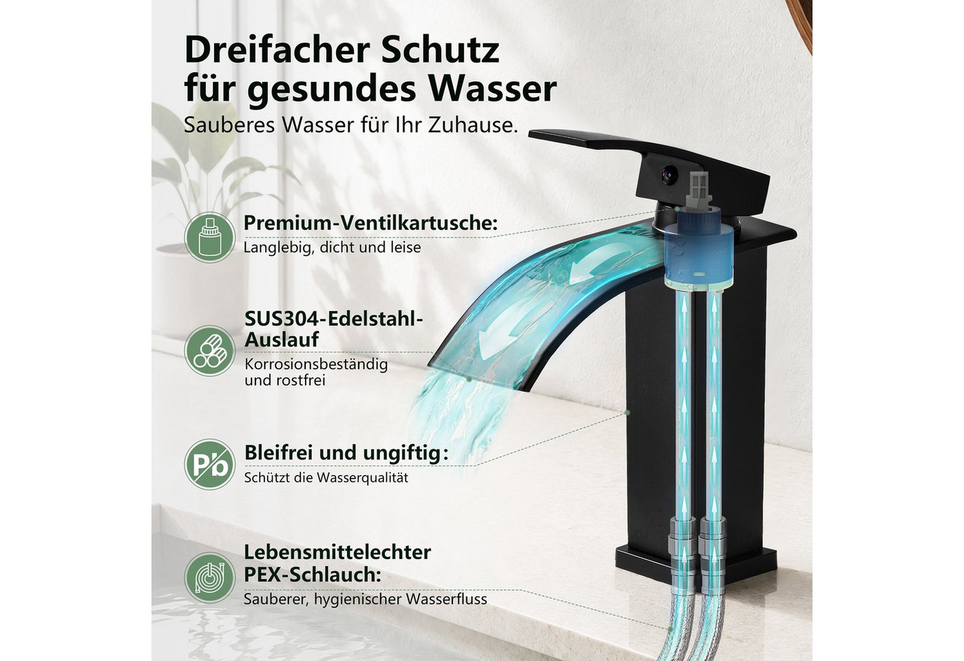 HOMELODY Waschtischarmatur Wasserfall Waschtischarmatur Badarmatur Mischbatterie Waschbecken Armatur mit Keramikkartusche, Edelstahl-Auslauf, G3/8