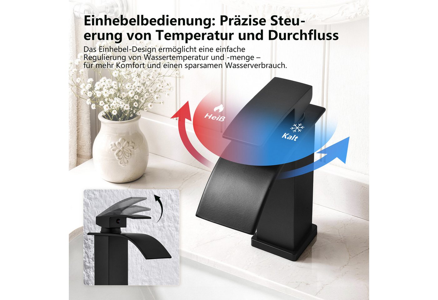 HOMELODY Waschtischarmatur Wasserfall Waschtischarmatur Badarmatur Mischbatterie Waschbecken Armatur mit Keramikkartusche, Edelstahl-Auslauf, G3/8 Bild 3
