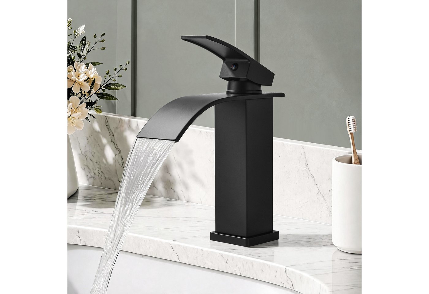 HOMELODY Waschtischarmatur Wasserfall Waschtischarmatur Badarmatur Mischbatterie Waschbecken Armatur mit Keramikkartusche, Edelstahl-Auslauf, G3/8 Bild 4