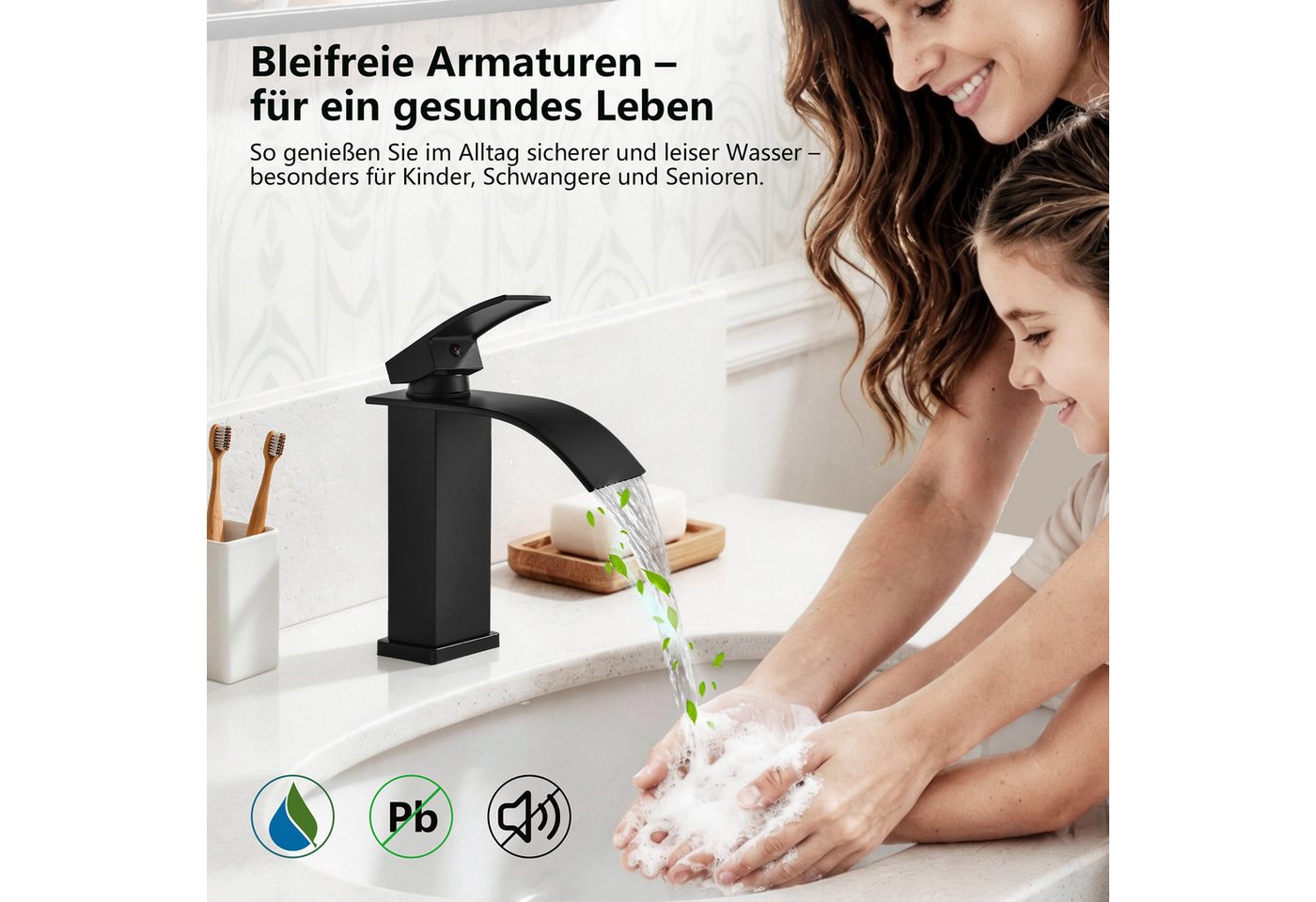 HOMELODY Waschtischarmatur Wasserfall Waschtischarmatur Badarmatur Mischbatterie Waschbecken Armatur mit Keramikkartusche, Edelstahl-Auslauf, G3/8 Bild 5