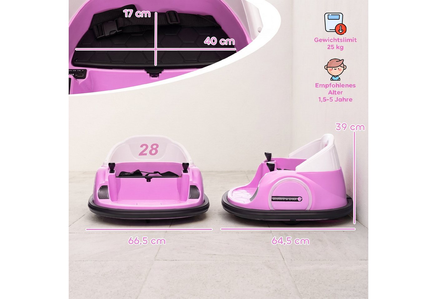 AIYAPLAY Elektro-Kinderauto 12V Autoscooter, Elektro Bumper, mit Fernbedienung, Musik Lichter, Belastbarkeit 25 kg, (1-tlg), 2 km,h, für 1,5-5 Jahre Kinder, Rosa