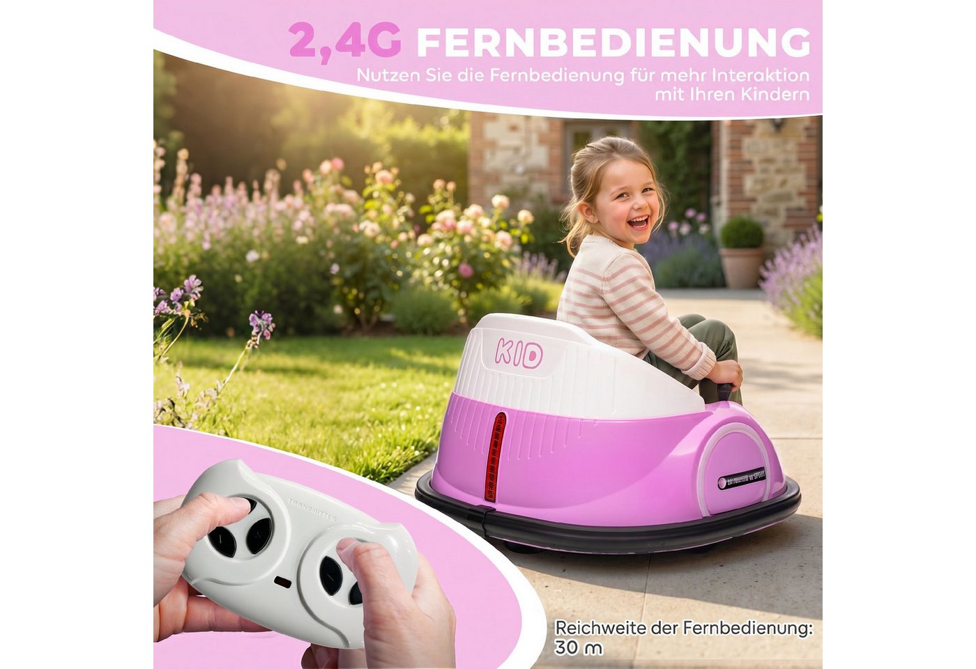 AIYAPLAY Elektro-Kinderauto 12V Autoscooter, Elektro Bumper, mit Fernbedienung, Musik Lichter, Belastbarkeit 25 kg, (1-tlg), 2 km,h, für 1,5-5 Jahre Kinder, Rosa Bild 4