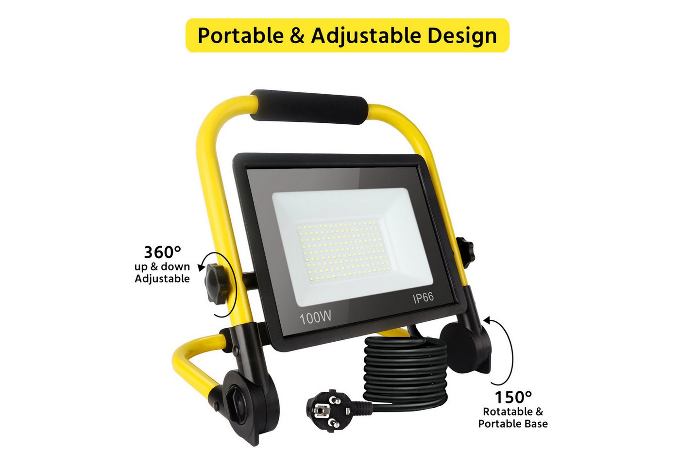 POPOLIC LED Baustrahler Tragbare Baustellenleuchte mit Aluminium-Gehäuse, 100W, IP66 wasserdicht, Baustellenbeleuchtung mit 3,5 m Kabel und EU-Stecker für Werkstatt und Garage, 100-W-LED-Baustellenstrahler, 10800 lm Arbeitsscheinwerfer