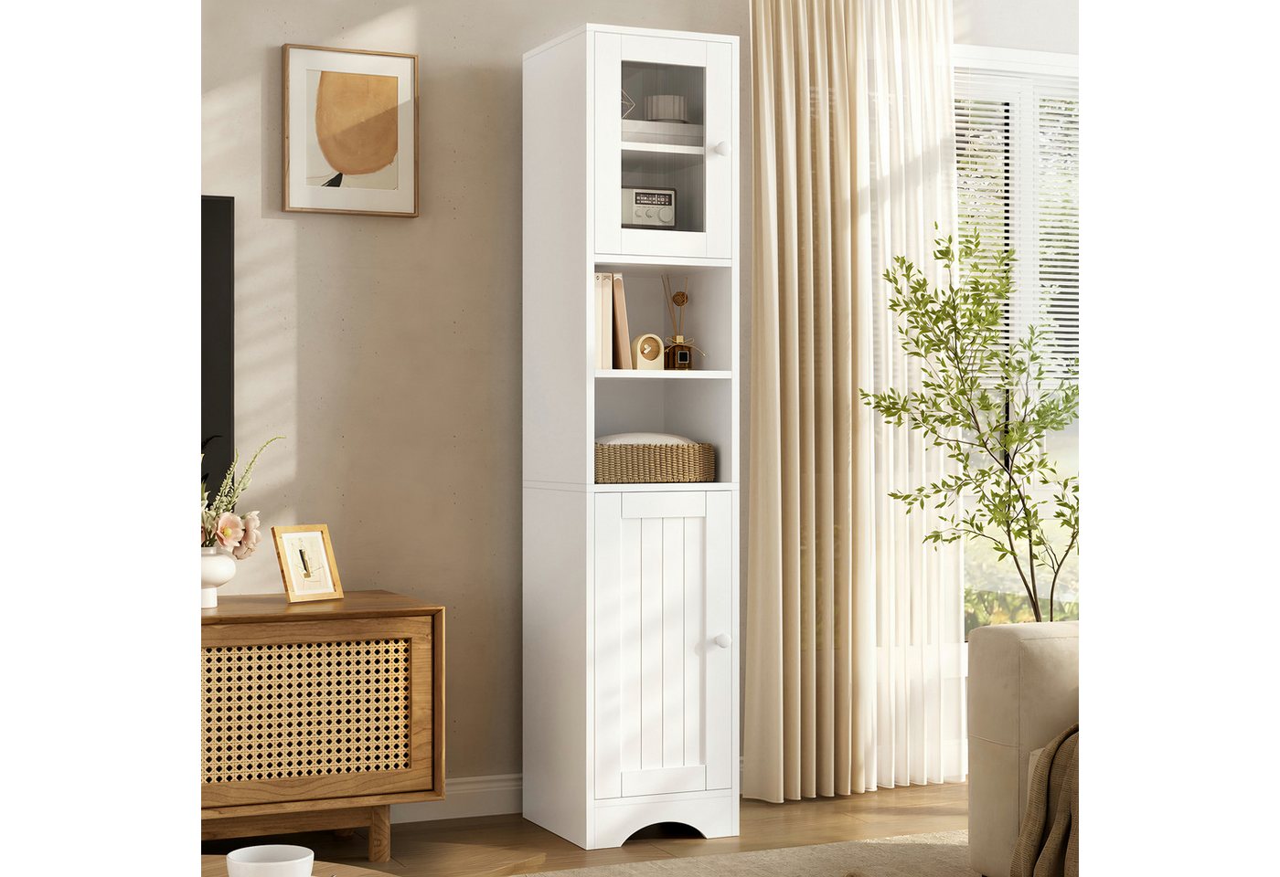Flieks Badkommode schmaler Hochschrank Badezimmerschrank mit Glastüren, Massivholzgriff (35x30x160 cm, 1 St., Mehrzweckschrank Highboard für Wohnzimmer, Büro, Esszimmer, Flur), Multifunktionsschrank Bücherregal mit verstellbaren Einlegeböden Weiß
