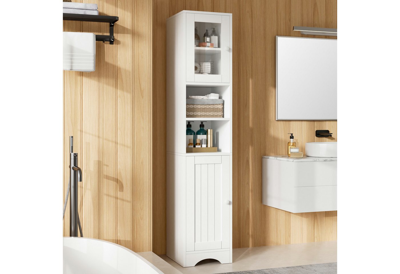 Flieks Badkommode schmaler Hochschrank Badezimmerschrank mit Glastüren, Massivholzgriff (35x30x160 cm, 1 St., Mehrzweckschrank Highboard für Wohnzimmer, Büro, Esszimmer, Flur), Multifunktionsschrank Bücherregal mit verstellbaren Einlegeböden Weiß Bild 2