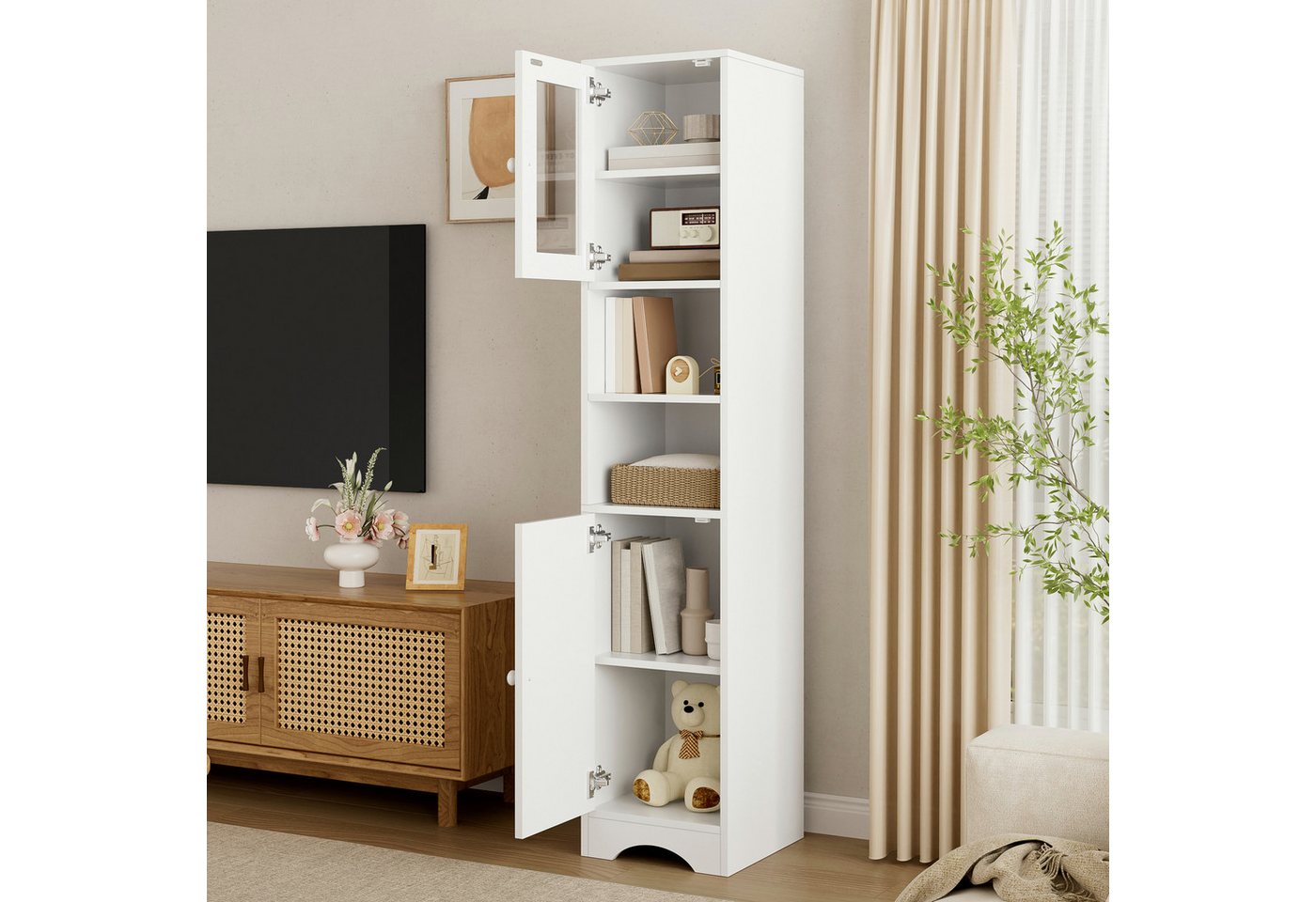 Flieks Badkommode schmaler Hochschrank Badezimmerschrank mit Glastüren, Massivholzgriff (35x30x160 cm, 1 St., Mehrzweckschrank Highboard für Wohnzimmer, Büro, Esszimmer, Flur), Multifunktionsschrank Bücherregal mit verstellbaren Einlegeböden Weiß Bild 3