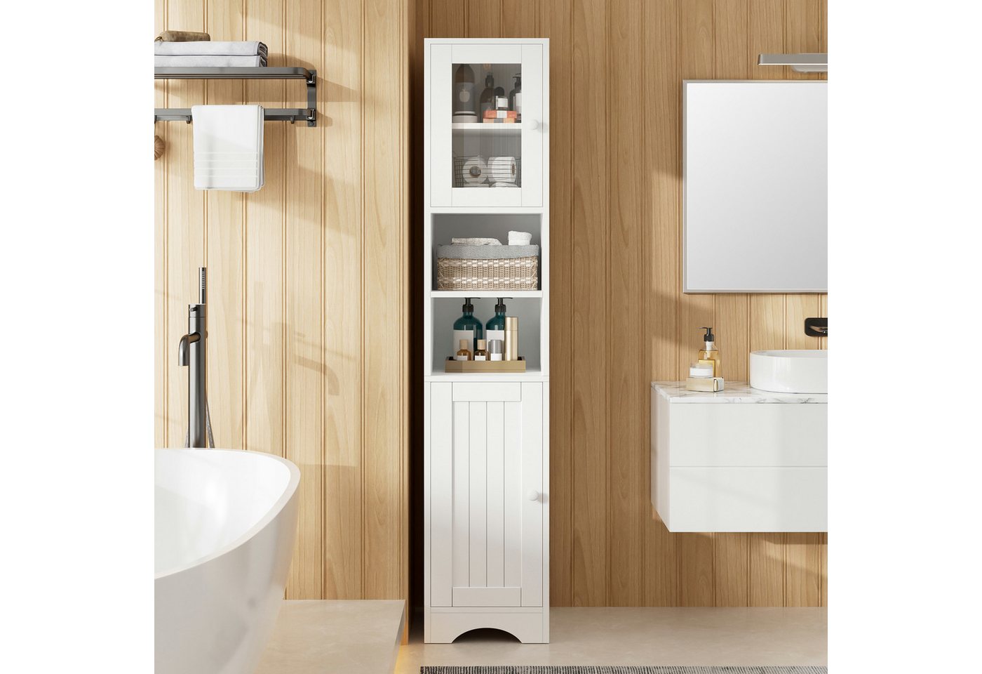 Flieks Badkommode schmaler Hochschrank Badezimmerschrank mit Glastüren, Massivholzgriff (35x30x160 cm, 1 St., Mehrzweckschrank Highboard für Wohnzimmer, Büro, Esszimmer, Flur), Multifunktionsschrank Bücherregal mit verstellbaren Einlegeböden Weiß Bild 4
