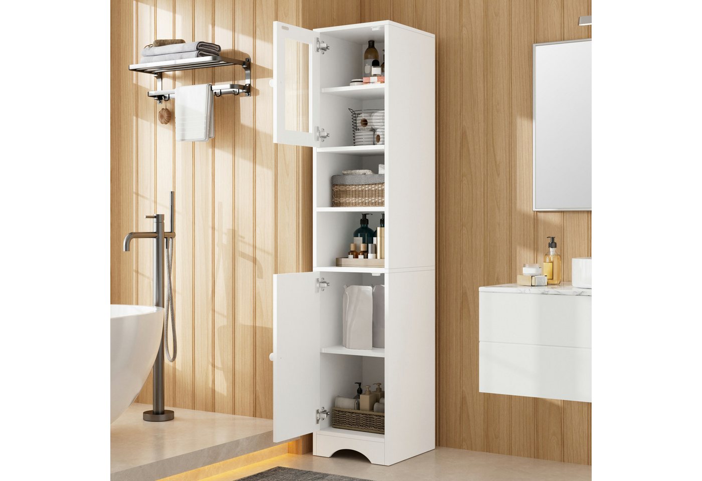 Flieks Badkommode schmaler Hochschrank Badezimmerschrank mit Glastüren, Massivholzgriff (35x30x160 cm, 1 St., Mehrzweckschrank Highboard für Wohnzimmer, Büro, Esszimmer, Flur), Multifunktionsschrank Bücherregal mit verstellbaren Einlegeböden Weiß Bild 5