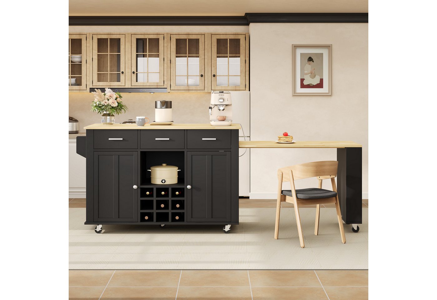 Flieks Küchenwagen Kücheninsel mit Arbeitsplatte Holzoptik, ausziehbarer Esstisch, (2 St), Küchenschrank Servierwagen mit Steckdose, verstellbarer Einlegeböden Bild 4