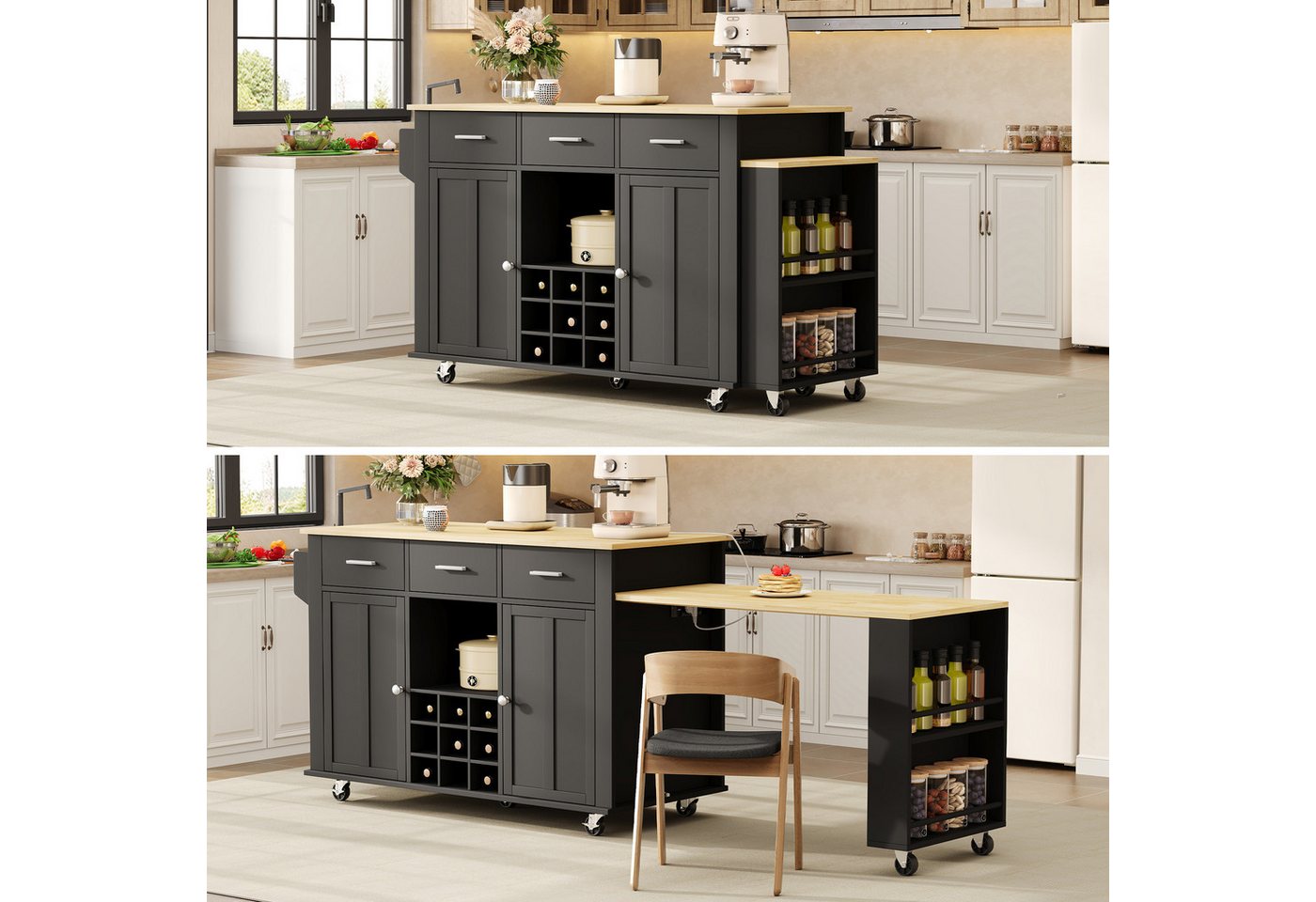 Flieks Küchenwagen Kücheninsel mit Arbeitsplatte Holzoptik, ausziehbarer Esstisch, (2 St), Küchenschrank Servierwagen mit Steckdose, verstellbarer Einlegeböden Bild 5