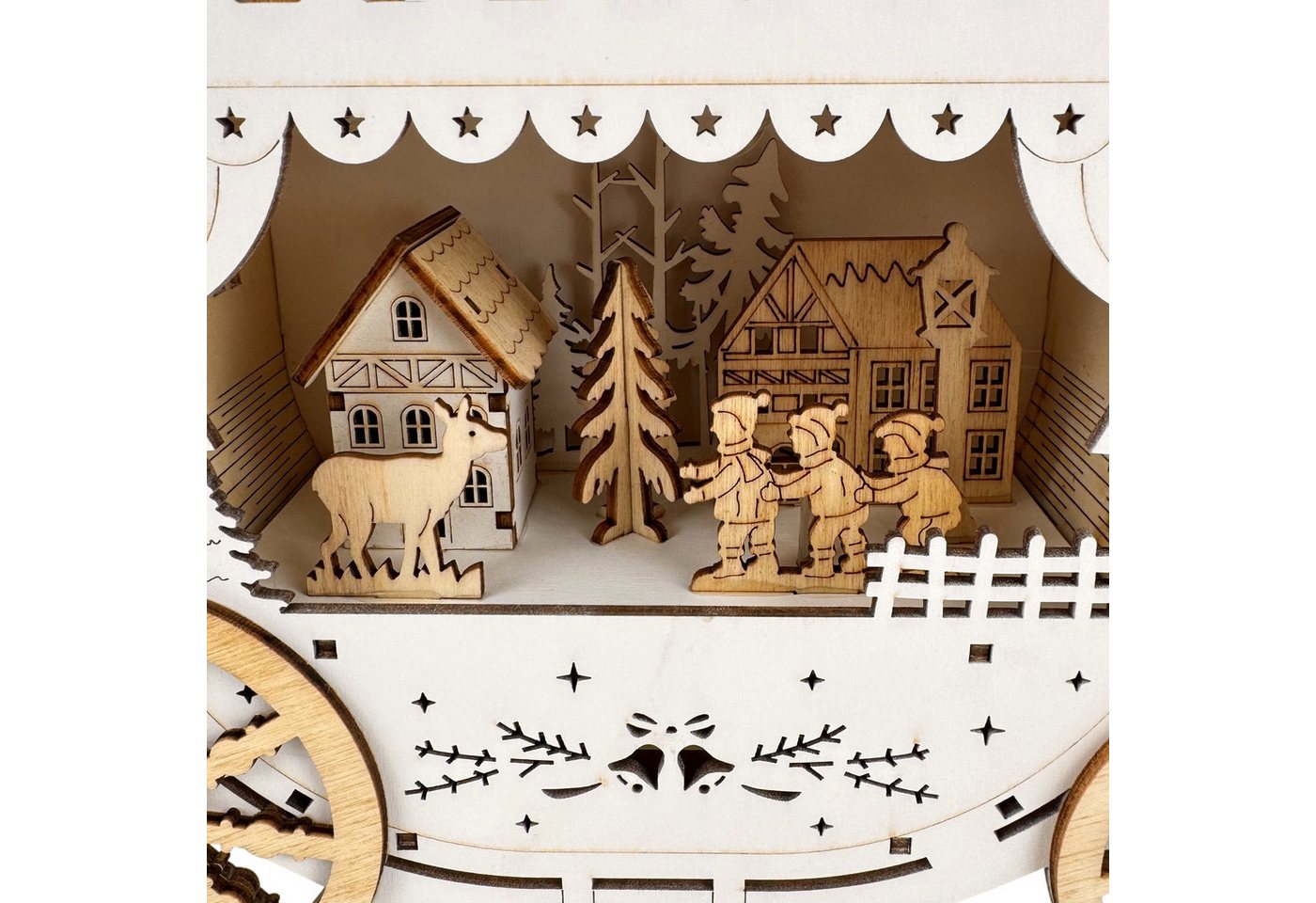 Online-Fuchs LED Dekoobjekt Kutsche aus Holz mit Winterlandschaft & Beleuchtung - Weihnachtsdeko, 8 integrierte LEDs, warmweiße Beleuchtung, inklusive 6-Stunden Timerfunktion